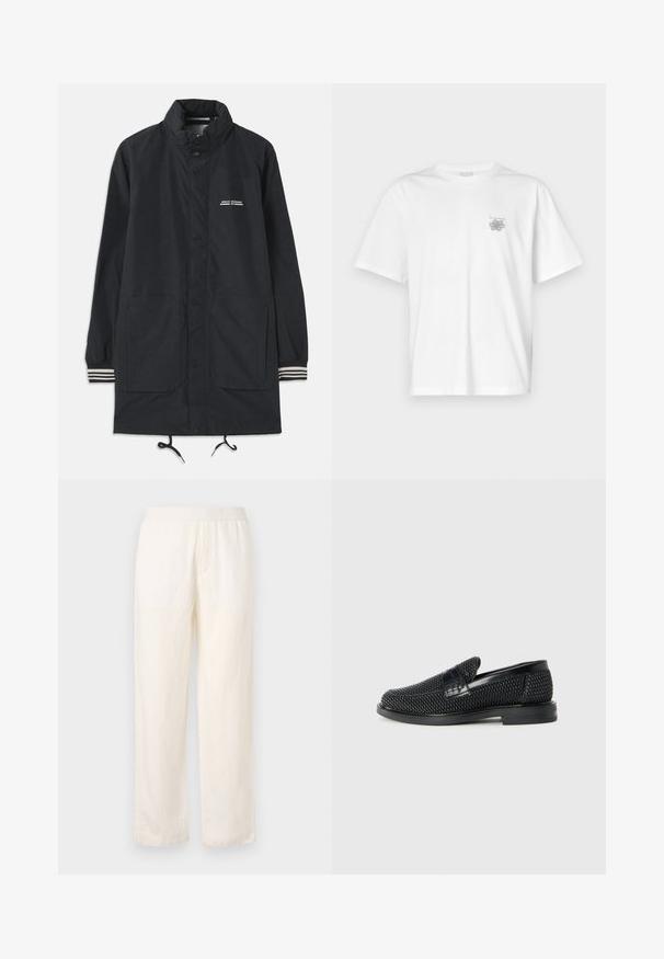 Tumesinine veekindel jakk kõrge kraega, nööbid, kaks esist pockets ja triibulised mansetid. Reguleeritav nöör allääres. Tekstiline logo rinnal.; Valge puuvillane T-särk lühikeste varrukatega, ümmarguse kaelusega ja väike hall logo vasakul rinnaosal. Sile tekstuur.; Kerged, kreemivärvi püksid elastse vöökoha, sirge jala disaini ja peene tekstuuriga. Ilma nähtavate taskuteta.; Must musta kootud slip-on king, millel on pehme nahast accent ülaserval, ümmargune varvas ja madal profiiliga kummitald.