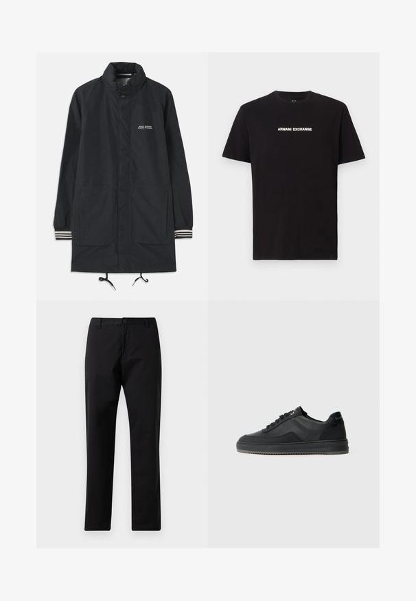 Tumesinine veekindel jakk kõrge kraega, nööbid, kaks esist pockets ja triibulised mansetid. Reguleeritav nöör allääres. Tekstiline logo rinnal.; Must musta T-särk, millel on rinnal valge tekst "ARMANI EXCHANGE". Tavaline ümar kaelus, lühikesed varrukad. Lihtne disain.; Mustad sirged džinsid, millel on nupp ja lukuga kinni panemine, vöökohad ja eesmine taskud, esitatud valgel taustal.; Mustad mustad musta nahaga ülemise osaga, tekstuursete detailidega, lameed paelad ja kummist tallaosa, millel on siksakiline mustr.