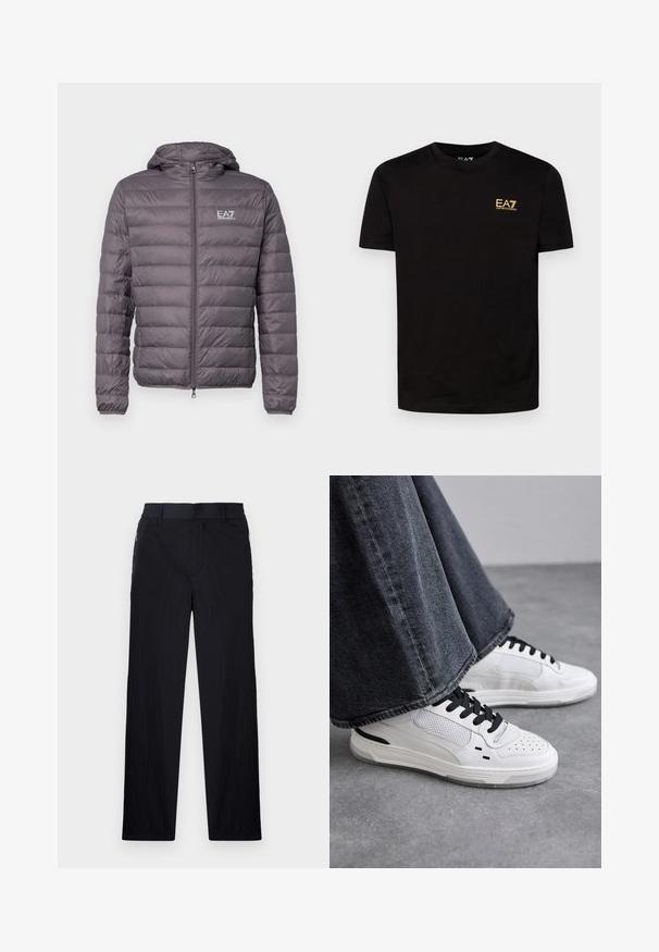 Szary puchowy kurtka z zamkiem z przodu, kapturem i elastycznymi mankietami. Posiada pikowaną konstrukcję oraz małe logo na klatce piersiowej.; Czarny bawełniany t-shirt z krótkimi rękawami, okrągłym dekoltem i żółtym haftowanym logo EA7 na lewej piersi. Gładka tekstura.; Czarne spodnie wykonane z lekkiego, teksturowanego materiału, o prostym kroju, z elastycznym paskiem i bocznymi kieszeniami na zamek.; Białe sneakersy z czarnymi sznurówkami i siateczkowymi detalami. Posiadają gładką skórzaną cholewkę oraz teksturowaną gumową podeszwę. Zestawione z szerokimi szarymi dżinsami.