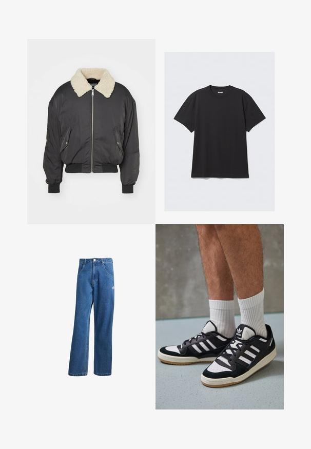 Weekday TIMO REGULAR BOMBER JACKET - Bombertakki - grey; Mustat lyhythihaiset t-paidat, jotka on valmistettu puuvillasta. Ominaisuuksiin kuuluu pyöreä kaula-aukko ja rento istuvuus. Yksinkertainen muotoilu ilman näkyviä kuvioita tai koristeita.; Siniset korkeavyötäröiset leveälahkeiset farkut, joissa on etupussit, vyölenkit, napitus ja pieni Adidas-logo oikeassa reidessä.; Valkoiset ja mustat tennarit, joissa on mokkanahka- ja nahkapäällinen, kolme valkoista raitaa, rei'itetty kärki ja kumipohja.