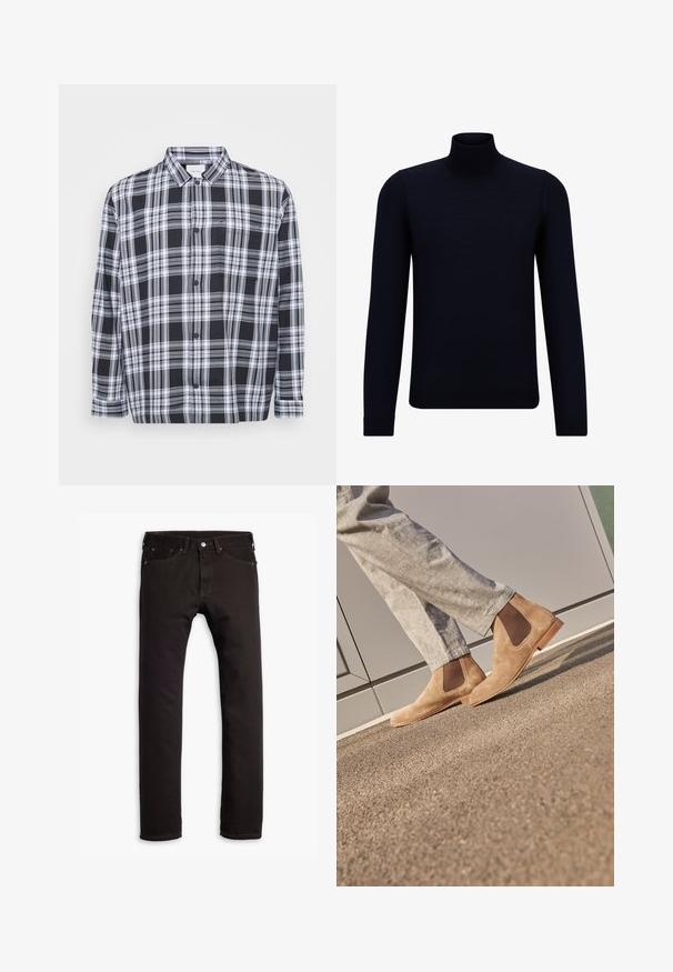 Svart och vit rutigt skjorta med knappar, som har en standardkrage, långa ärmar och en bröstficka. Mjuk tyg med en slät yta.; Mörk marinblå polokragetröja i fint stickat tyg, med långa ärmar och en åtsittande, hög halsringning. Inga synliga mönster eller accenter.; Svarta slim-fit jeans med fem fickor och knäppning, liggande platt mot en vit bakgrund.; Bruna mocka Chelsea-boots med elastiska sidopaneler och en slät ljusbrun gummisula, parat med ljusgrå byxor på en texturerad yta.