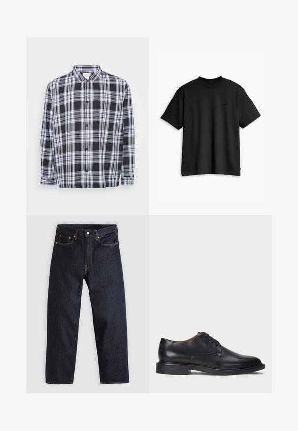 Chemise à carreaux noir et blanc à boutons, avec un col standard, des manches longues et une poche poitrine. Tissu doux avec une texture lisse.; T-shirt en coton noir avec col rond et manches courtes. Doté d'un logo discret à l'avant et d'un ourlet droit. Design simple et minimaliste.; Jean en denim bleu foncé avec une coupe droite, cinq poches, des coutures orange contrastantes et une fermeture à boutons. Pas de motifs ou d'ornements visibles.; Chaussure de ville en cuir noir avec un bout rond, un laçage et un petit talon empilé. Texture lisse avec des détails de couture minimaux.