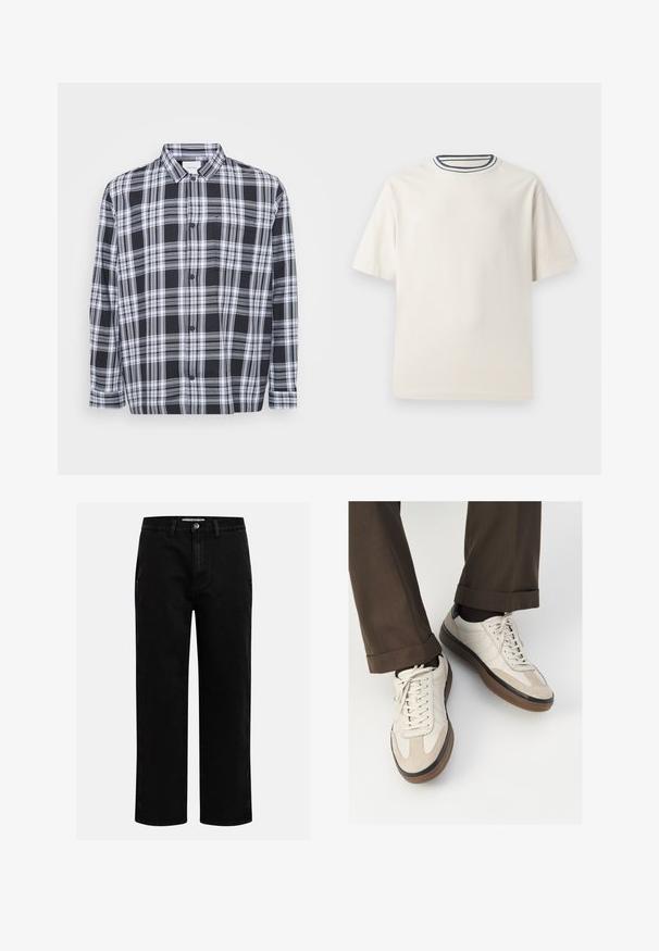 Chemise à carreaux noir et blanc à boutons, avec un col standard, des manches longues et une poche poitrine. Tissu doux avec une texture lisse.; T-shirt en coton couleur crème à manches courtes, avec un col rond accentué de rayures bleu marine et blanches. Texture lisse, coupe décontractée.; Pantalons en denim noir avec une coupe droite, design classique à cinq poches et fermeture à bouton à la taille. Texture lisse et tissu durable.; Baskets beiges avec un devant en suède texturé, côtés en cuir lisse et semelle en caoutchouc brun. Lacets et détails de couture légère inclus.