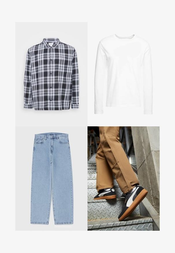 Black and white plaid button-up shirt, featuring a standard collar, long sleeves, and a chest pocket. Soft fabric with a smooth texture.; Long-sleeve white t-shirt made of soft cotton. Crew neckline with straight cut hems and no visible patterns or graphics.; Light blue denim jeans with straight leg design, featuring a mid-rise waist, five pockets, and a button and zipper closure.; Black and gray suede sneakers with white accents and gum rubber soles, worn on tan pants while ascending metal stairs.