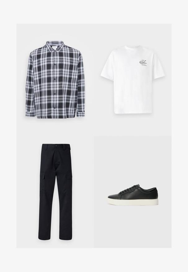 Chemise à carreaux noir et blanc à boutons, avec un col standard, des manches longues et une poche poitrine. Tissu doux avec une texture lisse.; T-shirt en coton blanc à manches courtes, col rond, avec un logo CK noir sur la partie gauche de la poitrine, coupe standard, texture lisse.; Pantalons cargo noirs en tissu résistant, avec une coupe droite, deux poches latérales et une fermeture à bouton à la taille.; Baskets en cuir noir avec texture perforée, bout rond et semelle en caoutchouc blanc plat. Dispose de lacets noirs et d'un logo discret sur le côté.