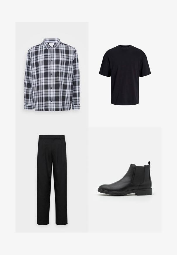 Chemise à carreaux noir et blanc à boutons, avec un col standard, des manches longues et une poche poitrine. Tissu doux avec une texture lisse.; T-shirt en coton noir avec un col ras du cou, des manches courtes et une coupe décontractée. Texture lisse sans motifs ni accents visibles.; Pantalons noirs en tissu lisse, avec une coupe droite, deux plis avant et une taille standard avec passants de ceinture.; Bottines Chelsea en cuir noir avec des panneaux élastiques sur les côtés et une languette, présentant un bout arrondi et une semelle en caoutchouc texturée.