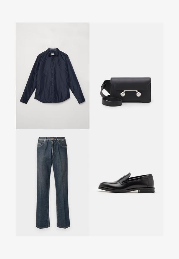 ASPESI Giacca da mezza stagione - navy; Maglione lavorato a maglia color crema con colletto polo, polsini e orlo a coste, dotato di patta frontale e texture morbida.; T-shirt blu navy a maniche corte con scritta bianca "neanche per sogno" centrata sul petto, colletto girocollo, taglia media.; Jeans in denim blu scuro a gamba dritta con bottone frontale, zip, doppie tasche anteriori e pieghe verticali visibili lungo le gambe.; Mocassini neri in pelle con una texture liscia, punta arrotondata e una striscia decorativa sulla tomaia. Tacco basso impilato, design minimalista.; Borsa a tracolla in pelle nera con chiusura a patta, hardware in tonalità argento e due accenti tondi. Dotata di una tracolla removibile. Texture liscia.