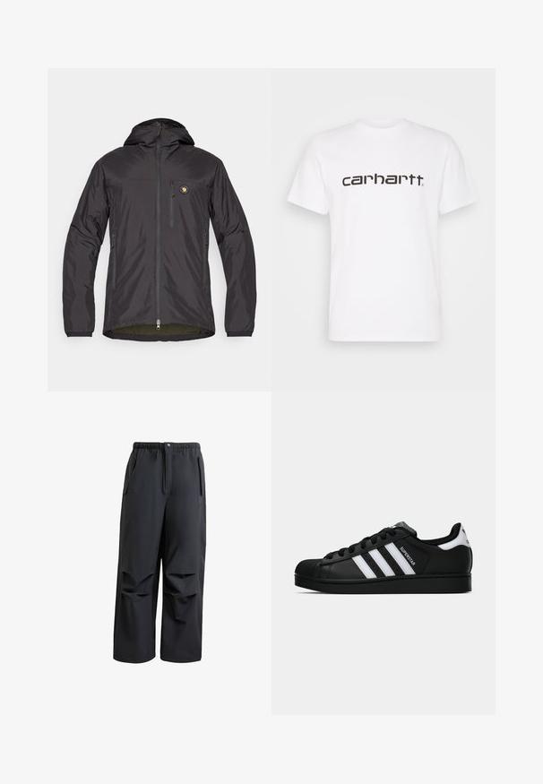 Crna, lagana jakna s kapuljačom, koja ima patentni zatvarač sprijeda, dva bočna džepa, jedan džep na prsima i okrugli logo na gornjoj lijevoj strani.; Bijela pamučna majica s kratkim rukavima i okruglim izrezom. Sadrži veliki "Carhartt" logo u tamnosmeđoj boji preko prsa.; Crne, slobodne hlače napravljene od mekanog materijala. Imaju elastičnu struk i zatvaranje na dugme, te dvije bočne džepove s plisiranim detaljima.; Crne Adidas Superstar tenisice s bijelim prugama, konusom na vrhu i natpisom "Superstar" sa strane, prikazane u bočnom profilu na bijeloj pozadini.