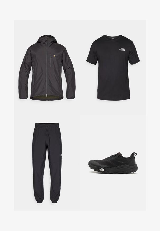 Mustan, kerge jope kapuutsiga, millel on lukuga esi, kaks küljetaskut, rinnatasku ja ülemisel vasakul küljel ümmargune logo.; Must have lühikeste varrukatega must T-särk, mis on valmistatud puuvillast, ümmarguse kaelusega ja väikese valge logoga vasakus ülanurgas.; Mustavad sportlikud püksid, mis on valmistatud kergest kangast, joonlauaga taljest, küljetaskudega ja kitsenevate varrukatega pahkluude juures.; Must tume jooksujalats musta värvi, tekstuurse ülemise osaga, kummist tallaga ja tugevdatud varbaga. Omab pehmendusega krae ja tõmblinti mugavaks selga panemiseks.