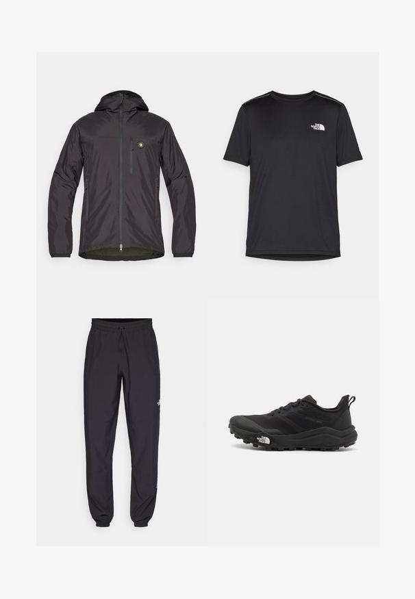 Čierna, ľahká bunda s kapucňou, so zapínaním na zips, dvoma bočnými vreckami, vreckom na hrudi a okrúhlym logom na ľavej hornej strane.; Čierne tričko s krátkym rukávom vyrobené z ľahkej tkaniny. Obsahuje malé biele logo na ľavej hrudi a jemné akcenty na pleciach.; Čierne športové nohavice vyrobené z ľahkej tkaniny, s elastickým pásom na šnurovanie, bočnými vreckami a zúženými manžetami na členkoch.; Čierne trailové behacie topánky s štruktúrovaným zvrškom, gumovou podrážkou a vystuženou špičkou. Obsahuje polstrovaný golier a úchyt na jednoduché obúvanie.