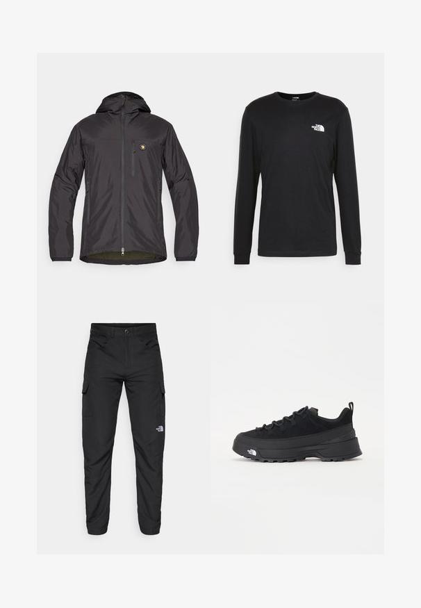 Fekete, könnyű dzseki kapucnival, cipzáros elülső résszel, két oldalzsebbel, egy mellzsebbel, és egy kör alakú logóval a bal felső oldalon.; Fekete, hosszú ujjú pamut póló, bal mellrészen fehér logóval és bordázott mandzsettákkal. Sima textúrájú, kerek nyakkivágással.; The North Face HORIZON PANT - Szabadtéri nadrágok - black; Fekete kültéri sneaker velúr felsőrésszel, texturált gumitalppal és strapabíró fűzőrendszerrel. Megerősített sarkú és oldalán márkalogóval rendelkezik.
