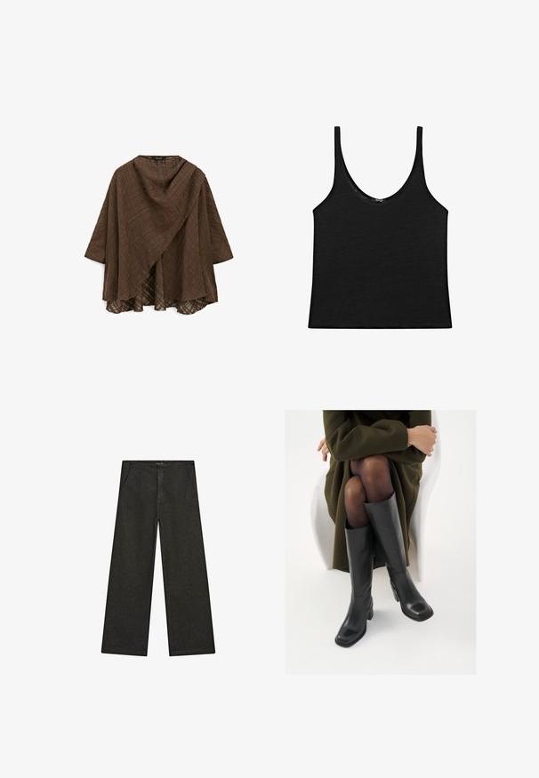 Top marrone leggero con un design fluido e drappeggiato. Presenta maniche corte, un motivo a quadri e un orlo grezzo per texture.; Top nero in un tessuto morbido con scollatura rotonda e spalline sottili. Design semplice, corto, con bordi puliti e senza fantasie.; Pantaloni in denim neri a gamba larga con vita media, due tasche frontali e un design pulito e minimalista senza decorazioni visibili.; Stivali neri in pelle alti fino al ginocchio con punta squadrata e tacco a blocco, mostrati con un modello seduto in un cappotto verde oliva. Texture liscia, dettagli minimi.