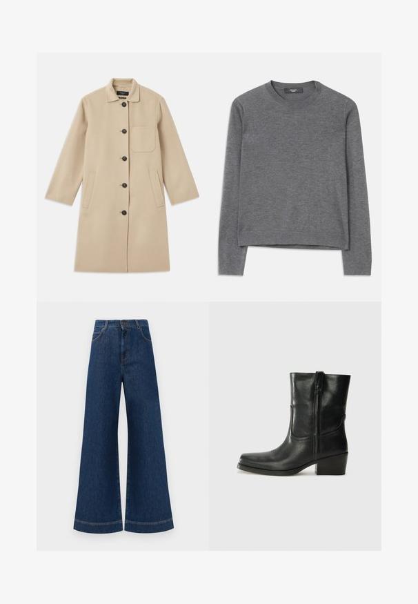 Bež kaput od vune dugih rukava, s dugmadi na zakopčavanju, jednim džepom na prsima i dva bočna džepa. Tkanina s teksturom i dizajn okruglog ovratnika.; Sivi dukserica dugih rukava od mekog pletiva. Ima okrugli izrez, rebraste manžete i rub, sa opuštenim krojem i bešavnom konstrukcijom.; Široke plave traperice s visokim strukom, s kopčanjem na gumbe, petljama za remen i suptilnim detaljima šavova duž džepova i rubova.; Crne kožne čizme do članaka s okruglim vrhom, blok potpeticom, bočnim patentnim zatvaračem i detaljima od šavova na gornjem dijelu. Glatka tekstura, klasičan dizajn.