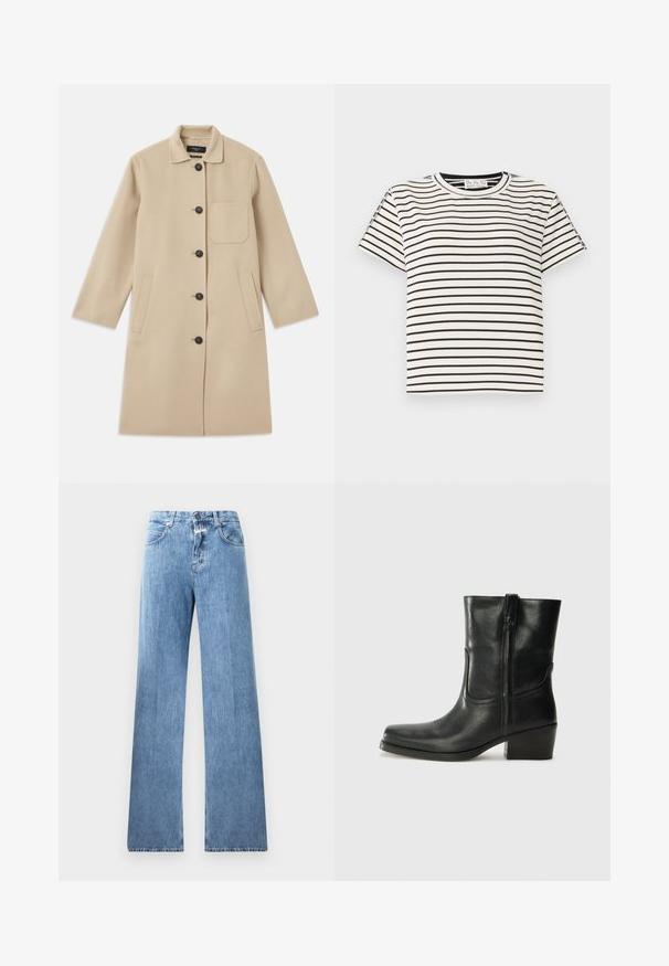 Palton bej din lână cu mâneci lungi, închidere cu nasturi, un buzunar la piept și două buzunare laterale. Material texturat și design cu guler rotund.; Tricou din bumbac cu mânecă scurtă, cu guler rotund, având dungi verticale negre pe un fundal alb și un design cu croială dreaptă.; Jeans din denim albastru deschis cu un design cu picioare largi, cinci buzunare, bucle pentru curea și închidere cu nasture. Tesătura are o textură netedă.; Botine din piele neagră, cu vârf rotund, toc pătrat, fermoar pe lateral și accente de cusături pe partea superioară. Textură netedă, design clasic.