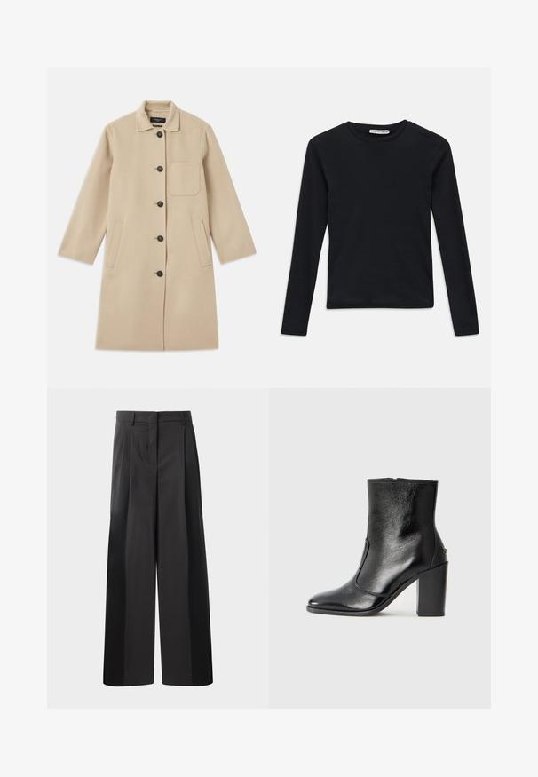 Šviesiai rudas vilnonis paltas su ilgomis rankovėmis, mygtukų užsegimu, viena krūtine kišenė ir dvi šoninės kišenės. Textūrizuota medžiaga ir apvalaus apykaklės dizainas.; Juoda ilga rankovė, apvaliu kaklu, prigludusi, vienspalvė, su mažyte etiketė "Tiger of Sweden" ant apykaklės vidinės pusės.; Juodos plačios kelnės su aukštu liemeniu, su priekinėmis raukšlėmis, glotnia tekstūra ir pritaikytu apdailos stiliumi. Sukurtos laisvam sėdėjimui.; Juodas odinis kulkšninis batas su lygiu paviršiumi, smailiu pirštu ir masyviu aukštu kulnu. Savybė - šoninis atidarymas ir minimalistiškas dizainas.