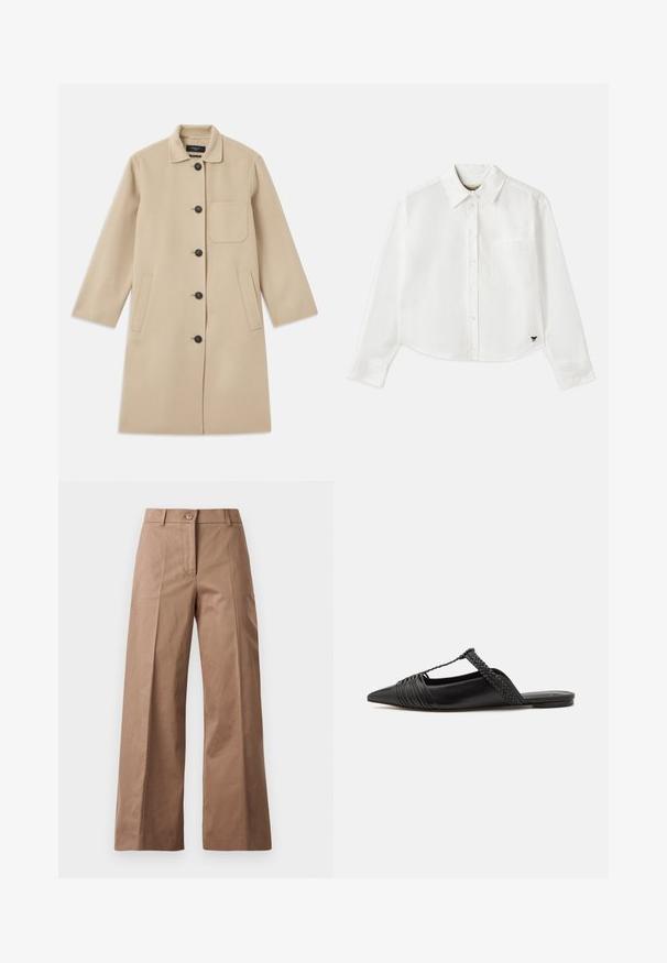 Bež kaput od vune dugih rukava, s dugmadi na zakopčavanju, jednim džepom na prsima i dva bočna džepa. Tkanina s teksturom i dizajn okruglog ovratnika.; Bijela skraćena košulja dugih rukava napravljena od pamuka. Ima gumb za zatvaranje sprijeda, džep na prsima i mali crni logotip na donjem lijevom dijelu.; Smeđe hlače širokih nogavica od glatkog materijala, s prednjim zatvaračem na dugme, dvjema prednjim džepovima i čistim, oblikovanim linijama.; Crne kožne cipele s remenom oko pete i šiljastim vrhom, s pletenim naglaskom i nabranim gornjim dijelom. Ravni đon s minimalnim hardverom.