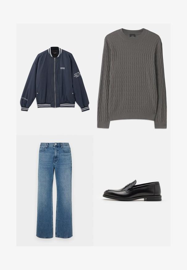 Jūrinis bombonešis su baltomis juostelėmis, užtrauktuku ir išsiuvinėjimu ant krūtinės bei rankovių. Pagamintas iš lygaus audinio.; Armani Exchange Džemperis - dark gull zig zag; Platus blaujos džinsai, pagaminti iš dėvėtos džinsinio audinio. Sukurtas su penkiomis kišenėmis, priekiniais sagčių uždarymu ir tiesiu kirpimu.; Juodos odinės loafers, turinčios lygų paviršių, apvalią noselę ir dekoratyvinę juostą per priekinę dalį. Žemas krentantis kulnas, minimalistinis dizainas.