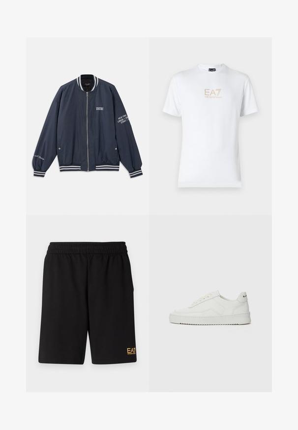 Námornícká bombardovací bunda s bílými pruhy, zipovým uzávěrem a vyšívaným textem na hrudi a rukávech. Vyrobena z hladkého materiálu.; Bílé bavlněné tričko s kulatým výstřihem a krátkým rukávem, na přední straně s potiskem zlatého loga EA7 Emporio Armani.; Černé sportovní šortky vyrobené z měkké látky, s elastickým pasem a malým žlutým logem EA7 na dolní části levé nohy.; Bílé kožené tenisky s hladkým povrchem, kulatou špičkou, plochými tkaničkami a texturovanou podrážkou. Na patě se nachází nenápadné logo.