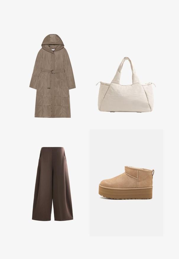 Világosbarna puffernadrág, kapucnival, övvel a deréknál és függőleges steppelési mintával. Simább textúrával és elülső cipzáros záródással rendelkezik.; Barna kötött garbó pulóver bordás gallérral és mandzsettával. Laza szabás, sima textúrával és varrás nélküli kialakítással.; Barna, bővített térdnadrág, függőleges fehér csíkokkal, amely oldalzsebekkel és sima felszíni textúrával rendelkezik. Lapos derékpánt, amelyen nincs látható szerelvény.; Beige velúr boka csizmák puha belsővel, platform talppal és hátul elhelyezett húzófüllel az egyszerű felhúzás érdekében. Texturált gumitalp.; Bézs színű, steppelt táska két füllel, kerek alakú, texturált anyagból készült, és egy zsinóros oldalzsebbel rendelkezik. Simább felület és minimalista dizájn jellemzi.