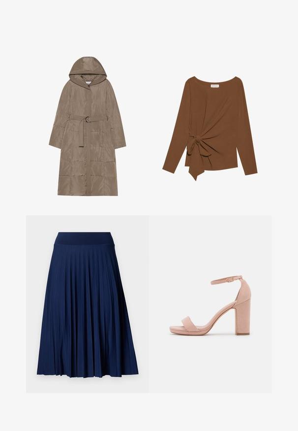 Puffjakke i lys brun, med hætte, bælte i taljen og lodret quiltet mønster. Glat tekstur og lynlås foran.; Brun langærmet top med en bred halsudskæring og en knude detalje på den ene side, lavet af blødt, tekstureret stof.; Marineblå plisseret nederdel med en bred talje, lavet af et glat stof. Har lodrette plisser og når til midt på læggen.; Rosa ruskinds højhælede sandal med blokhæl, åbent tåparti og ankelrem med en detalje af guldspænde. Flad frontrem.