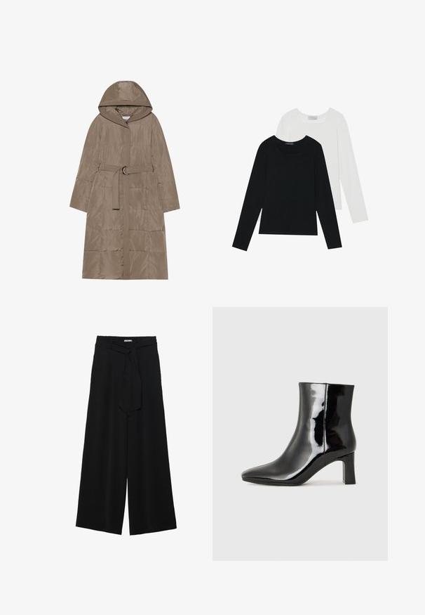 Căciulă puf în nuanță de marou deschis, cu glugă, talie accentuată prin curea și un model vertical matlasat. Textură netedă și sistem de închidere cu fermoar în față.; Două bluze cu mânecă lungă, una neagră și una albă, ambele având un guler pătrat și fiind confecționate dintr-un material moale și elastic.; Pantaloni largi negri dintr-un material texturat, cu un tiv elastic și o panglică detașabilă la talie pentru un fit ajustabil.; Botine negre din piele lacuită, cu vârful ascuțit și toc bloc de înălțime medie. Textură netedă și design minimalist.