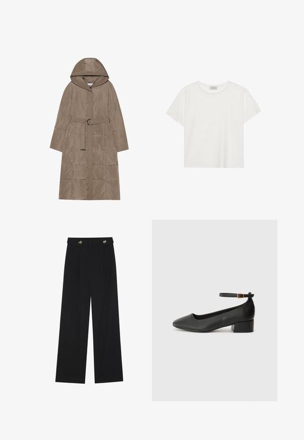 Puhallettava takki vaaleanruskeana, jossa on huppu, vyöllä varustettu vyötärö ja pystysuora tikkauskuvio. Sisältää sileän pinnan ja etuvetoketjun.; Valkoinen lyhythihainen T-paita, joka on valmistettu pehmeästä puuvillasta. Siinä on pyöreä kaula-aukko ja rento istuvuus. Siisti muotoilu ilman näkyviä kuvioita tai yksityiskohtia.; Mustat leveälahkeiset housut, joissa on korkea vyötärö, napit vyötärönauhassa ja etupuolella laskokset.; Mustat nahkakengät, joissa on terävä kärki ja matala lohkare korko. Varustettu nilkkahihnalla, jossa on kultasävyinen solki. Lisää sileä pinta.