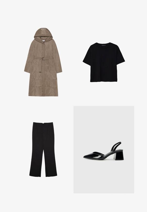 Cappotto imbottito di colore marrone chiaro, con cappuccio, vita con cintura e motivo a righe verticali. Presenta una texture liscia e una chiusura con zip frontale.; T-shirt nera a maniche corte in cotone. Presenta un collo rotondo e una vestibilità ampia con una texture liscia e uniforme. Nessun motivo o accento visibile.; Pantaloni neri a gamba dritta, con tasche frontali e spacchi laterali all'orlo. Realizzati in tessuto morbido e liscio. Adatti a diverse occasioni.; Décolleté in vernice nera con punta affusolata e tacco in geometria cubica. Presentano un design elegante e minimalista, con una texture liscia.