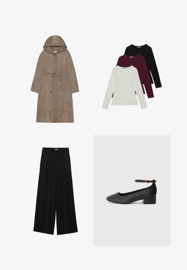 Puffjakke i lys brun, med hætte, bælte i taljen og lodret quiltet mønster. Glat tekstur og lynlås foran.; Langærmede T-shirts i hvid, bordeaux og sort. Lavet af blødt stof med rund halsudskæring og tætsiddende design. Velegnet til lag-på-lag.; Sorte vide bukser i en tekstureret stofkvalitet, med elastisk talje og et aftageligt bånd i taljen for justerbar pasform.; Sorte læderpumper med spids tå og en lav blokhæl. Har en ankelrem med en guldfarvet spænde. Glat tekstur.
