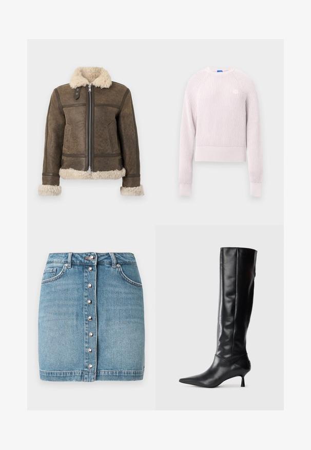 Brown leather jacket with a fluffy cream-colored collar and cuffs, featuring a front zipper and two side pockets. Textured surface detail.; Light pink cropped sweater with ribbed texture, round neckline, and long sleeves. Features a small logo on the chest.; Light blue denim mini skirt featuring a front button closure with silver hardware, two front pockets, and a frayed hemline.; Black leather knee-high boot with a pointed toe and slim curved heel. Smooth texture, fitted design, and no visible hardware or patterns.