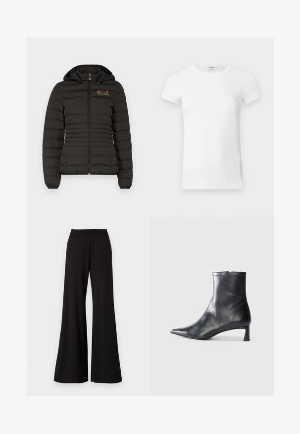 EA7 Emporio Armani JACKET - Chaqueta de entretiempo - black; Camiseta blanca de manga corta y con cuello redondo, de tejido acanalado. La tela parece suave y tiene una silueta ajustada. Etiqueta de marca visible en el cuello.; Pantalones negros de pierna ancha hechos de una tela suave con una cinturilla alta y elástica. Los pantalones tienen una longitud completa y un diseño sencillo sin patrones.; Botín de cuero negro hasta el tobillo con punta afilada y un diseño elegante. Presenta un tacón bajo y un cierre con cremallera en la parte trasera. Textura suave.