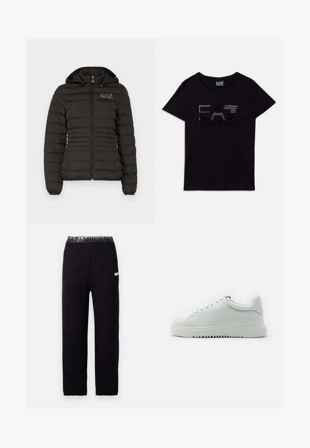 EA7 Emporio Armani JACKET - Viegla jaka - black; Melnas kokvilnas T-krekls ar īsām piedurknēm, rotāts ar "EA7" logotipu, kas izšūts ar rhinestones, un "EMPORIO ARMANI" tekstu kontrastainā dizainā.; Melnas sporta bikses ar gludu, mīkstu tekstūru, kurām ir elastīga josta ar logo un sānu akcentu detaļu. Taisna kāju dizains.; Baltas sporta apavi ar teksturētu ādas virsu, apaļu purngalu un auklu aizdari. Bieza balta gumijas zole ar teksturētu saķeres rakstu.