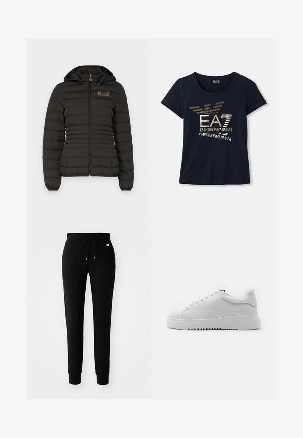 EA7 Emporio Armani JACKET - Jachetă subțire - black; Tricou cu mânecă scurtă de culoare albastru marin, confecționat din bumbac, având un logo grafic metallic auriu cu text și accente stilizate de aripă de vultur.; Pantaloni de trening negri, conici, cu talie ajustabilă prin șnur și mansete, expuși pe un fundal alb simplu.; Adidași albi cu un superior din piele texturată, vârf rotund și design cu șireturi. Talpă din cauciuc albă groasă cu un model de prindere texturat.