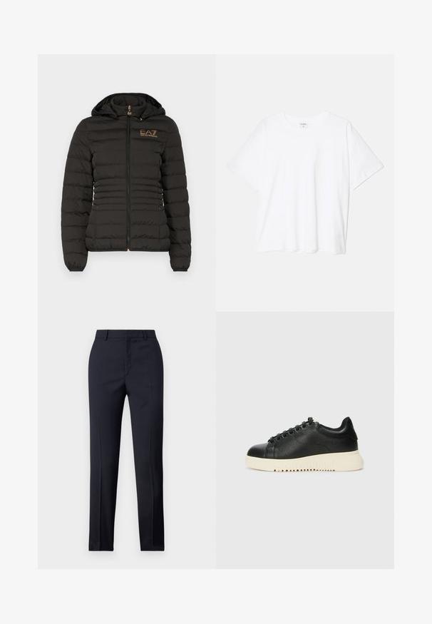 EA7 Emporio Armani JACKET - Kerge jope - black; Valge puuvillane T-särk lühikeste varrukatega, ümmargune kaelus, mugav lõige ja õmmeldud serv. Silt nähtav kaela seest.; Tumed kohandatud püksid sirge lõikega, millel on sile tekstuur, kaks esist taskut ja puhas vöökoht.; Must must have tekstuuriga mustast nahast tennisetossud, ümmarguse nina, kuue musta silmadega ning valge kummist tallaga, millel on sooned.