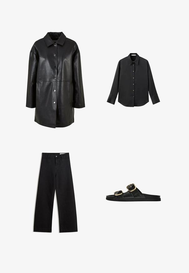 Čierny kožený kabát s golierom, patentkami, bočnými vreckami a voľným strihom s hladkým povrchom.; Čierna dlhá rukávová košeľa z hladkého materiálu, s klasickým golierom, predným zapínaním na gombíky so zlatými gombíkmi a širokými manžetami.; Čierne denimové nohavice s širokými nohavicami a vysokým pásom, so prednými a zadnými vreckami, šitými švami a zapínaním na gombík. Hladká textúra.; Čierne šľapky s dvoma zlatými prackami, hladký textúrovaný materiál, plochá podrážka a minimalistický dizajn.