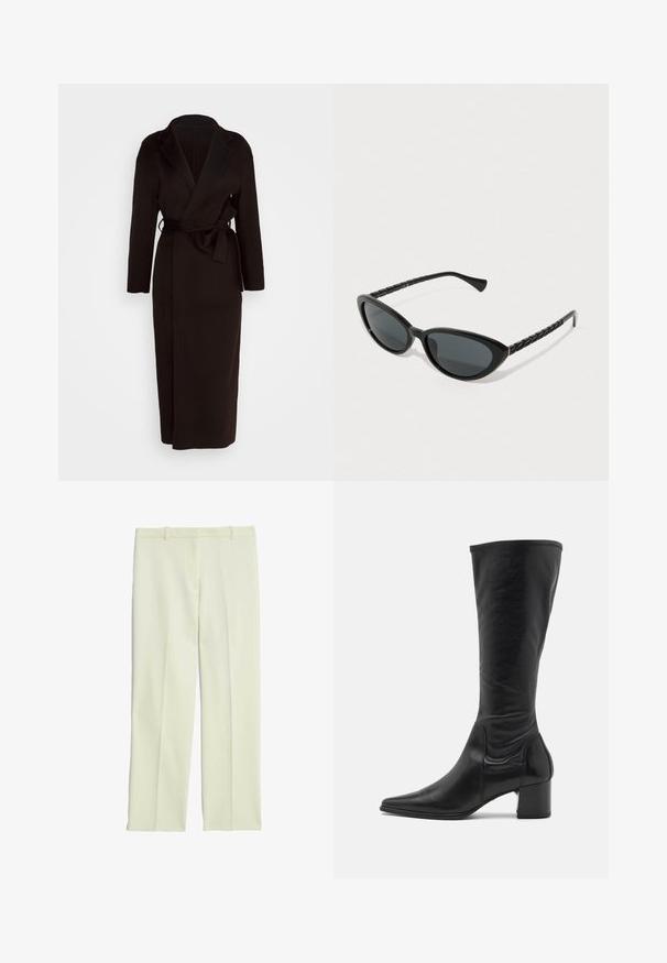Cappotto nero avvolgente realizzato in tessuto morbido, con colletto sciallato, maniche lunghe e cintura da annodare in vita. Design lungo fino al pavimento.; Maglione bordeaux realizzato in morbido e soffice materiale. Collo a giro, polsini e orlo a costine. Vestibilità ampia con cuciture minime, per un aspetto accogliente.; Pantaloni su misura color crema con un design a gamba dritta, dotati di una parte frontale piatta, passanti per cintura e una superficie liscia.; Stivale in pelle nera alto fino al ginocchio con punta appuntita, dettagli di cucitura minimi e tacco quadrato chunky. Texture liscia con una finitura lucida.; Occhiali da sole a forma di gatto neri con lenti scure, caratterizzati da stanghette nere testurizzate e un sottile accento dorato sulla montatura.
