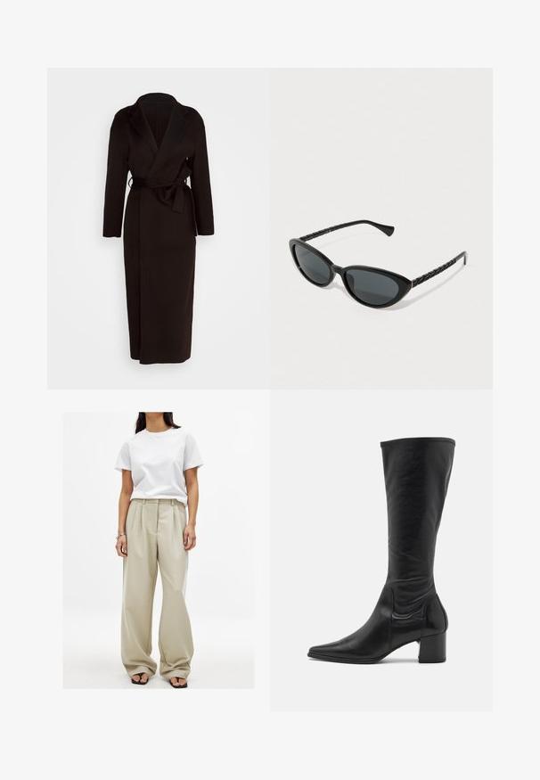 Black wrap coat made of soft fabric, featuring a shawl collar, long sleeves, and a self-tie belt at the waist. Floor-length design.; Burgundy sweater made of soft, fluffy material. Crew neck, ribbed cuffs, and hem. Loose fit with minimal seams, providing a cozy appearance.; Beige wide-leg trousers with front pleats and a smooth texture, paired with a fitted white cotton t-shirt. Black flip-flops complete the look.; Knee-high black leather boot with a pointed toe, minimal seam detailing, and a chunky square heel. Smooth texture with a glossy finish.; Black cat-eye sunglasses with dark tinted lenses, featuring textured black temples and a subtle gold accent on the frame.; Burgundy leather handbag with a structured shape, featuring a short handle, long shoulder strap, and a contrasting beige interior.