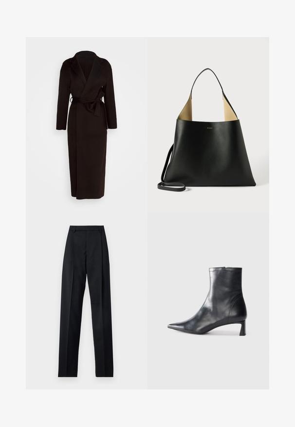 Black wrap coat made of soft fabric, featuring a shawl collar, long sleeves, and a self-tie belt at the waist. Floor-length design.; Black long-sleeve turtleneck sweater with ribbed cuffs and hem, displayed on a plain white background.; Black trousers made from smooth fabric featuring a high waist, wide legs, front pleats, and classic belt loops. No side pockets visible.; Black leather ankle boot with a pointed toe and a sleek design. Features a low heel and a zipper closure at the back. Smooth texture.; Black leather tote bag with a spacious, angular design. Features a contrast tan interior and thin shoulder strap. Minimalist branding displayed.