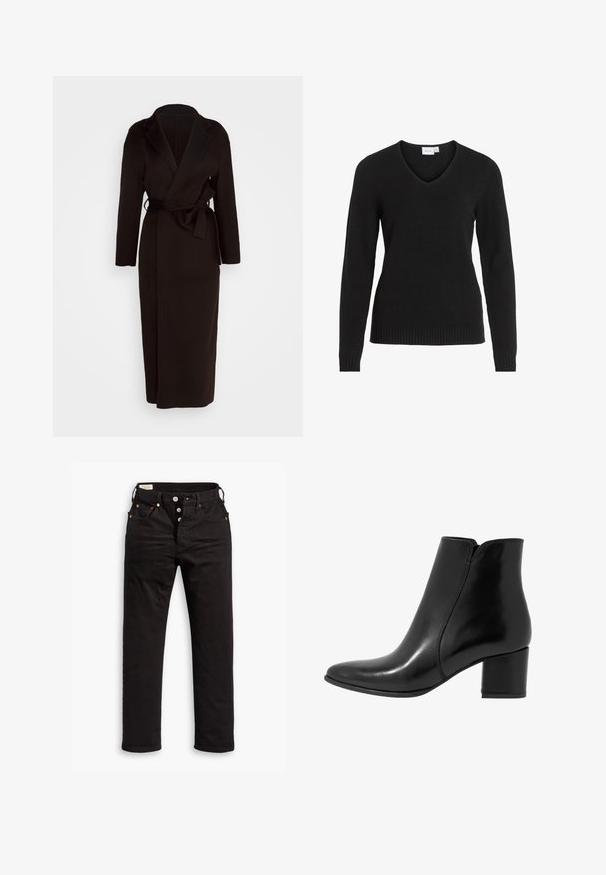 Zwarte wikkeljas van zachte stof, met een sjawlboord, lange mouwen en een zelfstrikriem in de taille. Lange jurk.; Zwarte V-hals trui van zachte stof, met lange mouwen, ribbels aan de zoom en manchetten, in een eenvoudig en klassiek ontwerp.; Witte T-shirt met korte mouwen, ronde hals, gemaakt van zacht, glad katoen, met een rechte zoom en minimale details. Eenvoudig en veelzijdig ontwerp.; Zwarte rechtlopende jeans met knoopsluiting, voor- en achterzakken, en koperen klinknagels op een witte achtergrond.; Anna Field LEATHER - Lage laarzen - black