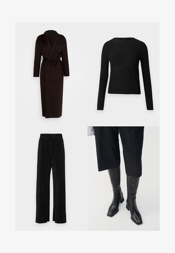 Czarny płaszcz z miękkiego materiału, posiadający szalowy kołnierz, długie rękawy i pasek do samodzielnego zawiązania w talii. Długość do ziemi.; Czarny, prążkowany, dopasowany sweter z długim rękawem i okrągłym dekoltem, wyeksponowany na jednolitym jasnym tle.; Czarne spodnie plisowane z elastycznym paskiem w talii. Posiadają szerokie nogawki oraz gładki, teksturowany materiał z pionowymi paskami.; Czarne skórzane botki do kolan z kwadratowym noskiem i blokowym obcasem. Wyposażone w zamek błyskawiczny z boku oraz gładką teksturę.