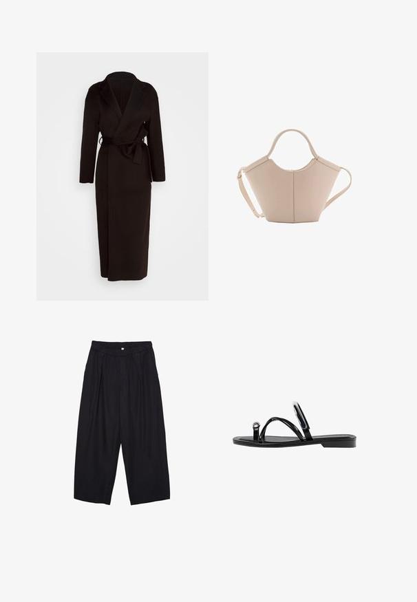 Sort omslagsfrakke lavet af blødt stof, med sjalkrave, lange ærmer og et bælte som kan bindes i taljen. Gulvlængde design.; Sort kortærmet t-shirt lavet af blødt stof. Har en klassisk rund halsudskæring og en afslappet pasform. Ingen mønstre eller accenter synlige.; Sorte polyester culotte bukser med elastisk talje, to forpiber og en løs silhuet. Ingen synlige mønstre eller hardware detaljer.; Sorte flade sandaler med en blank finish, tre tynde stropper og en cirkulær hardwaredetalje ved tæerne. Slankt design med en minimal hæl.; Lysebrun læderhåndtaske med en unik form, featuring to korte håndtag og et langt justerbart rem. Glat tekstur med minimal hardware.
