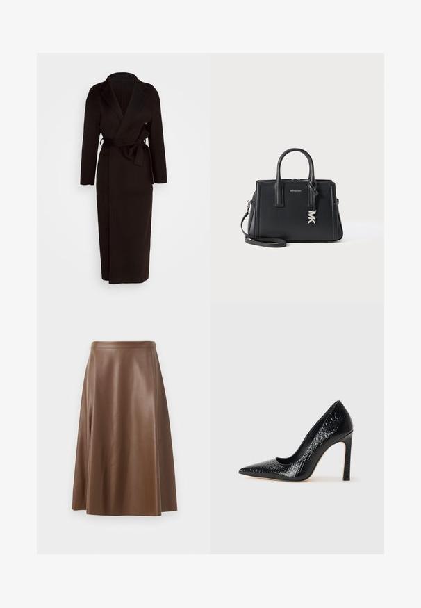 Manteau noir en tissu doux, doté d'un col châle, de manches longues et d'une ceinture à nouer à la taille. Design jusqu'au sol.; Débardeur noir à fines bretelles, en tissu côtelé, avec une coupe droite et une étiquette au niveau du col indiquant "IVY OAK."; Jupe A-line en cuir marron avec une texture lisse et un ourlet mi-long. Présente une taille ajustée et une légère évasement depuis les hanches.; Escarpin noir à bout pointu avec texture en cuir de crocodile, présentant un design élégant, un haut talon aiguille et un intérieur noir lisse.; Sac à main en cuir noir à la conception structurée, avec deux poignées, une bandoulière amovible et un détail en pendentif MK argenté. Fini texturé.