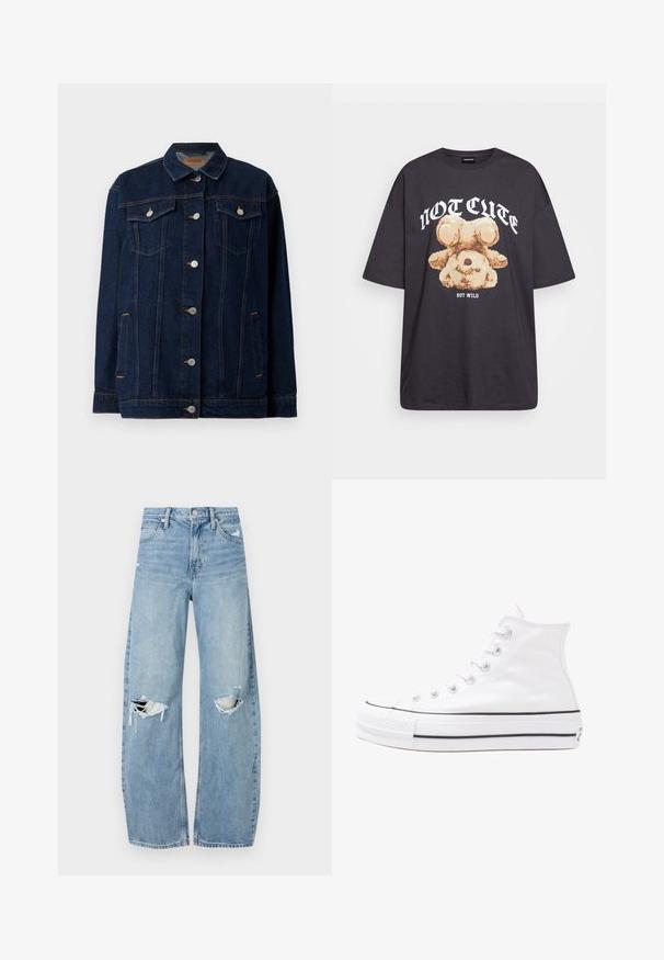 Jachetă din denim albastru închis, cu guler, închidere frontală cu nasturi, două buzunare pe piept, buzunare laterale și detalii de cusătură contrastante.; Tricou oversized negru featuring un grafic cu un urs și textul „NU E DRĂGUȚ DAR SUNT SĂLBATIC” în litere albe, îndrăznețe. Material din bumbac.; Jeans de denim, de un bleu deschis, cu talie înaltă. Au picioare late, două zone rupte la genunchi și un stil clasic cu cinci buzunare.; Adidași albi tip pantofi sport cu glezna din pânză, cu talpă din cauciuc negru, capac de vârf din cauciuc frontal și șase ochiuri pentru șireturi, având un design curat și minimalist.