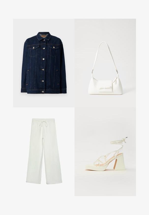 Mörkblå denimjacka med krage, framknäppning med knappar, två bröstfickor, sidofickor och kontrasterande sömmar.; Vit t-shirt med kort ärm i bomull. Har en rundad halsringning och en avslappnad passform. Slät textur utan synliga mönster eller detaljer.; Vita vida byxor i mjukt tyg. Har en elastisk midja med dragsko och en slät yta. Inga synliga mönster eller metalldetaljer.; Vit högklackad sandal med en kraftig klack, med ett remdesign och ankelband. Slät textur med en plattform framtill för ökad höjd.; Vit syntetisk handväska med triangulär form, platt framklaff och rosettdetalj, justerbar rem, slät textur och minimalistisk design.