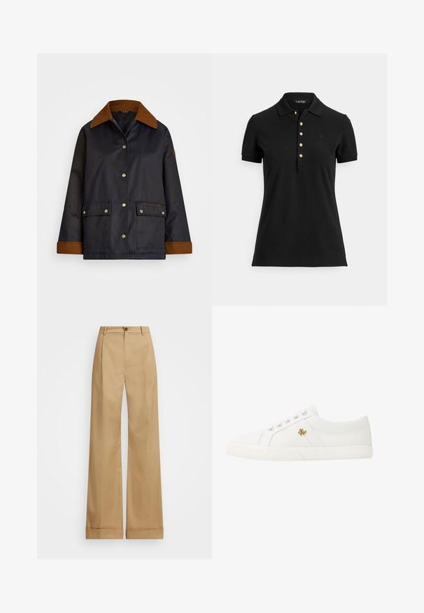Jūras spēku ūdensizturīga jaka ar brūnu kordūrādas apkakli, spiedpogām, divām priekšējām kabatām un logotipa detaļu kreisajā kabatā.; Melna polo krekls no teksturēta auduma ar apkakli, īsām piedurknēm un aizdari ar zelta pogām. Uz krūtīm ir neliels logotips.; Bežīgas platās bikses ar pogu aizdari, kurām ir gluda tekstūra un presētās krokas. Ar aproces apakšmalēm papildu detaļām.; Lauren Ralph Lauren JANSON II CANVAS SNEAKER - Sporta apavi - optic white