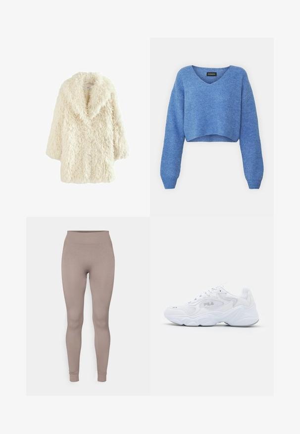 Manteau en fausse fourrure crème avec une finition douce et texturée. Présente un large col et des épaules tombantes, offrant une silhouette ample et surdimensionnée.; Pull cropped bleu avec un décolleté en V, texture côtelée et manches longues. Fabriqué dans un matériau doux. Étiquette : even&odd.; Leggings côtelés dans une douce couleur taupe, avec une taille haute, une coupe slim et des chevilles fuselées. Fabriqués en tissu texturé et extensible.; Baskets blanches avec une tige en mesh texturé, un col rembourré et une semelle épaisse. Présente un logo sur le côté et un système de laçage.
