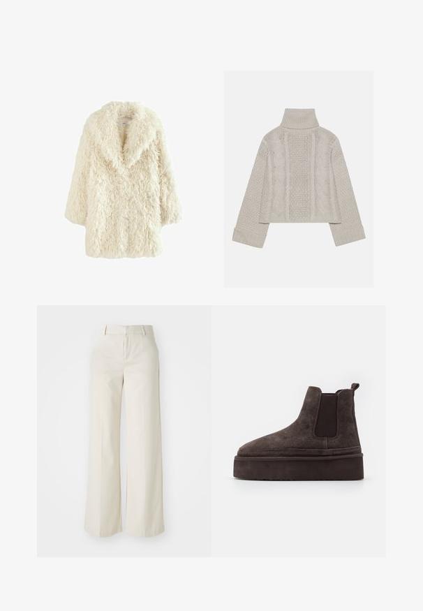 Faux fur frakke i creme med en blød, tekstureret overflade. Har en bred krave og drop-skulder, hvilket giver en løs, oversized silhuet.; Afskåret, lysegrå striktrøje med højt krave og ribbede manchetter, prydet med teksturerede kabelmønstre ned ad ryggen og siderne.; Bredde ben-bukser i en lys beige farve, lavet af et glat stof. Har en klassisk talje og flad front med rene linjer.; Brune ruskinds Chelsea støvler med elastiske sidepaneler og en tyk, struktureret platåsål. Har en strop bagpå til nem påtagning.