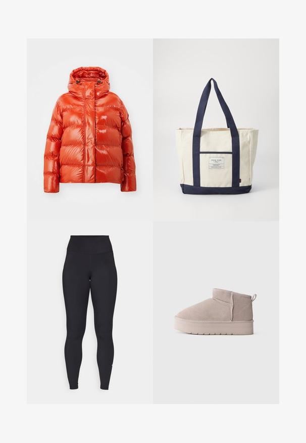 Raudonas pūkų švarkas su blizgiu paviršiumi, turi priekinį užtrauktuką, kapšą ir siuvinėtą raštą. Lengvas ir izoliuotas dizainas.; Juoda turtleneko ilgo rankovės viršutinė dalis, pagaminta iš raukšlėtos medžiagos, turi prigludusią formą, aukštą apykaklę ir neturi jokių raštų ar akcentų.; Juodos aukšto liemens legginsai, pagaminti iš tamprios ir lygaus audinio. Turi prigludusią struktūrą su logotipo akcentu šalia kulkšnies.; Žemas smėlio spalvos zomšos žieminis batas su storu padu ir nugariniu kilpeliu, parodytas šoniniame profilyje ant baltos fono.; Kreminė drobės rankinė su tamsiai mėlynomis rankenomis ir dugnu. Turinti priekinį kišenę ir etiketę su užrašu „PIER ONE“. Tvirta konstrukcija.