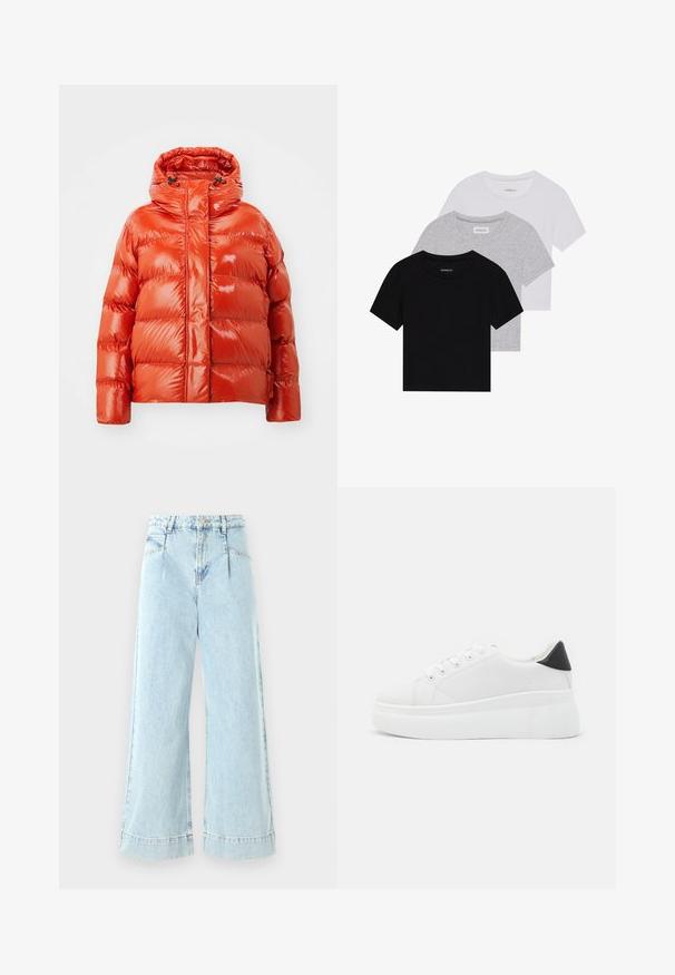 Giacca a vento rossa con finitura lucida, dotata di zip frontale, cappuccio e motivo trapuntato. Design leggero e isolato.; Set di tre t-shirt a maniche corte in nero, grigio e bianco. Realizzate in cotone, presentano un collo a giro e un design semplice in un colore solido.; Jeans a gamba larga di colore blu chiaro in denim, con vita alta, tasche frontali e dettagli cuciti all'orlo.; Sneakers platform bianchi realizzati in materiale sintetico liscio, con punta arrotondata, design con lacci e suola in gomma texture. Accento nero nel tallone.