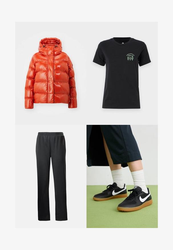 Rode pufferjas met een glanzende afwerking, voorzien van een ritssluiting aan de voorkant, capuchon en een gestikt patroon. Lichtgewicht en geïsoleerd ontwerp.; Converse FOREST ART TEE - T-shirt print - black; Zwarte sportbroek met een elastische tailleband, rechte pijpen en een subtiel logo-details aan de zijkant, gemaakt van een zachte, lichte stof.; Zwarte leren en synthetische sneakers met witte Nike swoosh, rubberen gumzool, ronde neus en zwarte veters. Geribbelde witte sokken zichtbaar.
