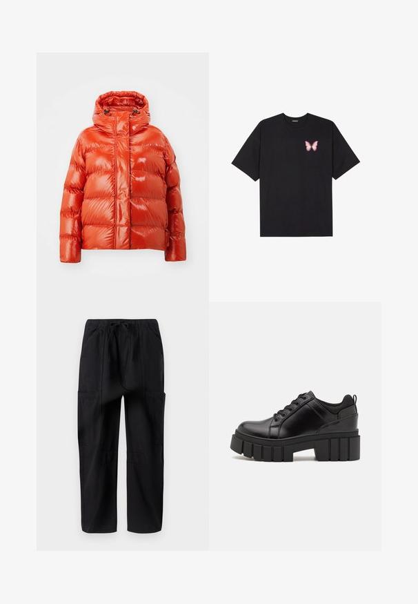 Chaqueta acolchada roja con un acabado brillante, que presenta un cierre frontal con cremallera, capucha y un patrón acolchado. Diseño ligero y aislante.; Camiseta de algodón negra de manga corta, con un pequeño gráfico de mariposa rosa en el lado izquierdo del pecho. Diseño de cuello redondo con un corte relajado.; Pantalones cargo de algodón negros con un corte relajado, que cuentan con una cinturilla elástica y múltiples bolsillos laterales para mayor utilidad.; Zapatos de plataforma de cuero negro con un tacón cuadrado grueso, punta redonda y diseño tradicional de cordones. Presenta una textura suave y un detalle minimalista.